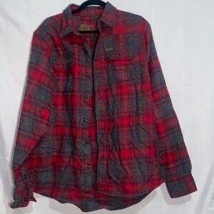 Orvis Heavy Flannel Cotton Shirt Jacket Hand Pockets Red Plaid‎ Mens Medium